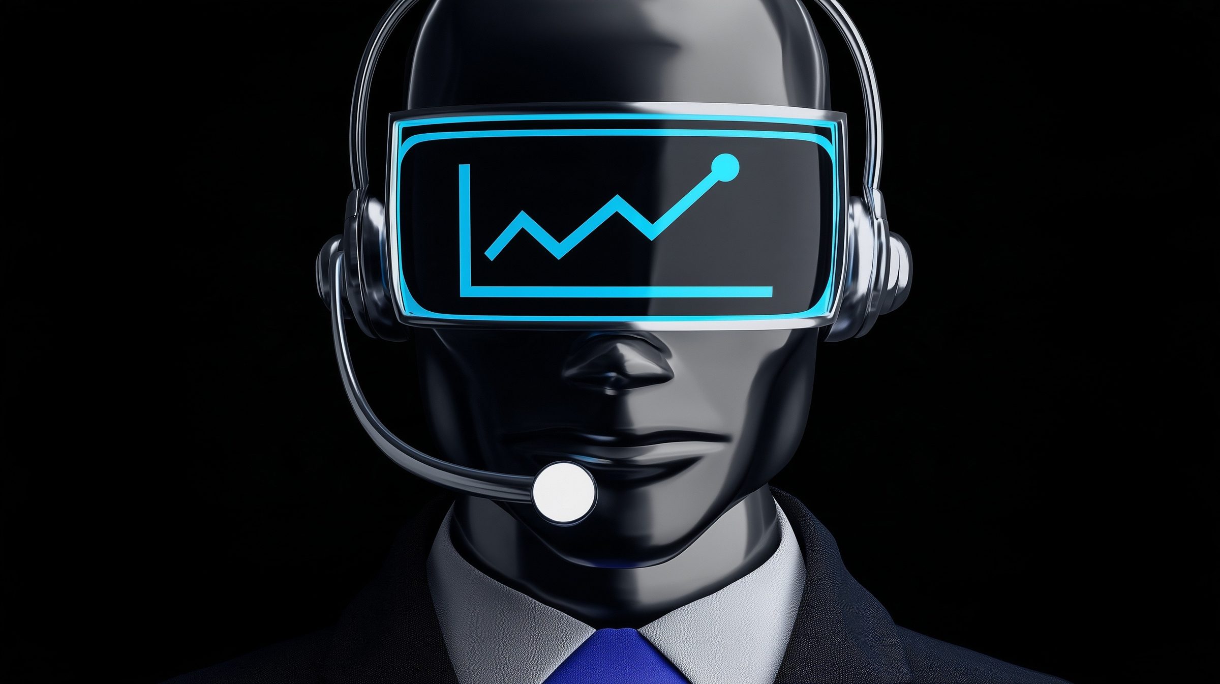 Dozor, a chrome robot watchman in a headset, a rising market line glowing in his visor