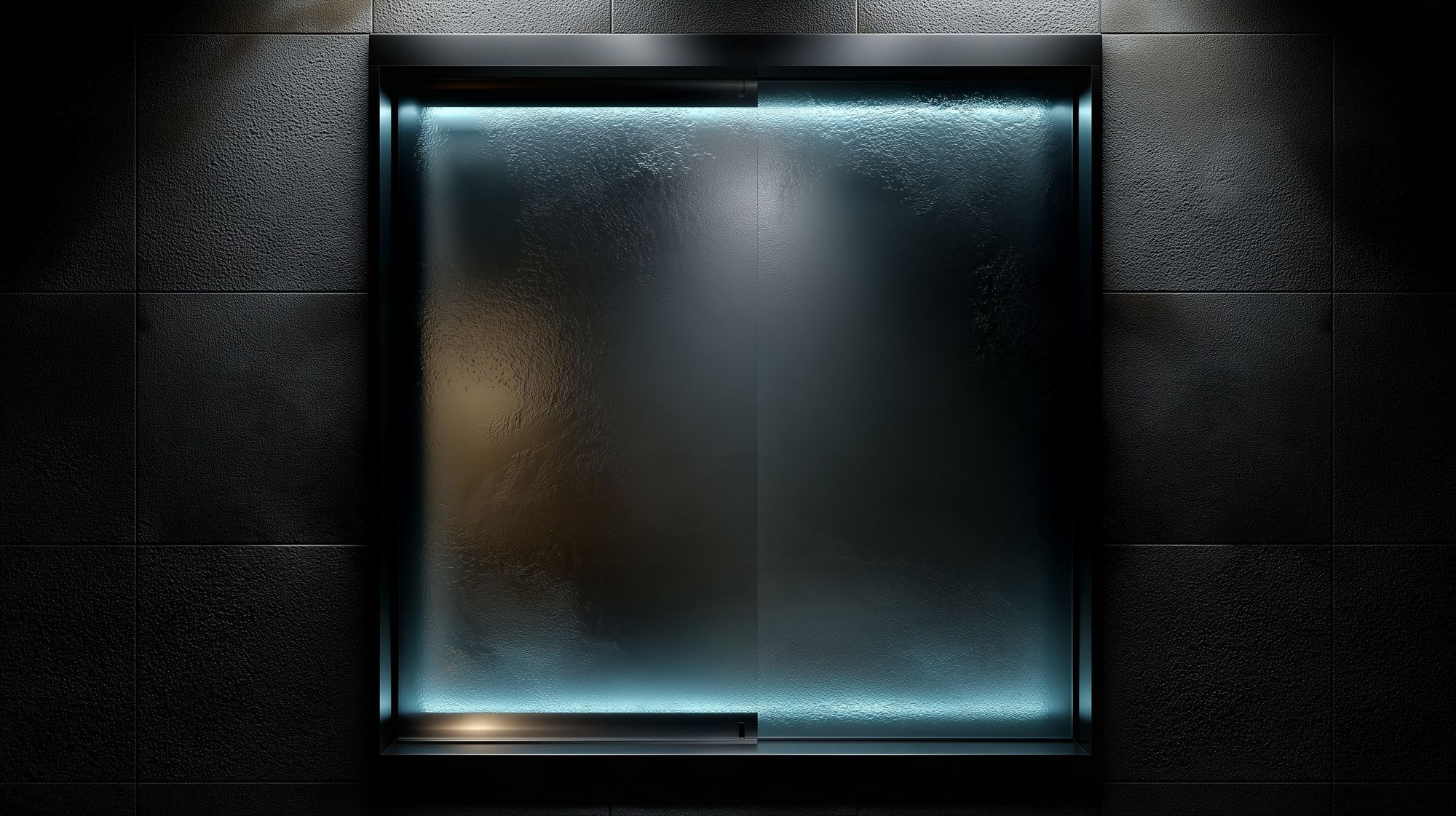 A sealed frosted-glass vault panel lit in cyan, nothing visible inside